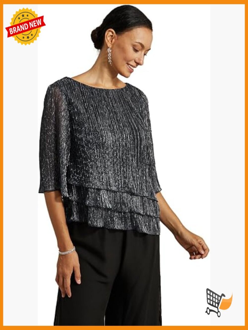 3/4 Sleeve Sparkle Top Ruffle Blouse Dressy Casual Pleated Chiffon Shirt